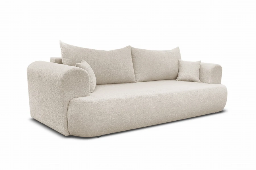 Stilvolles 3-Sitzer Sofa mit beigem Bouclé-Bezug und weichen Kissen.