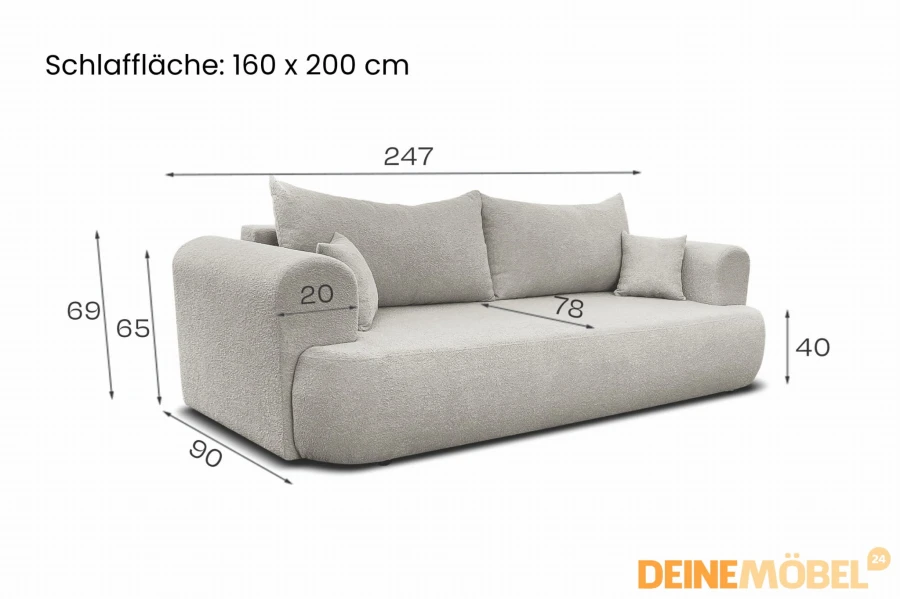 Bemaßungsskizze eines grauen Schlafsofas mit 160x200 cm Liegefläche und Maßen.