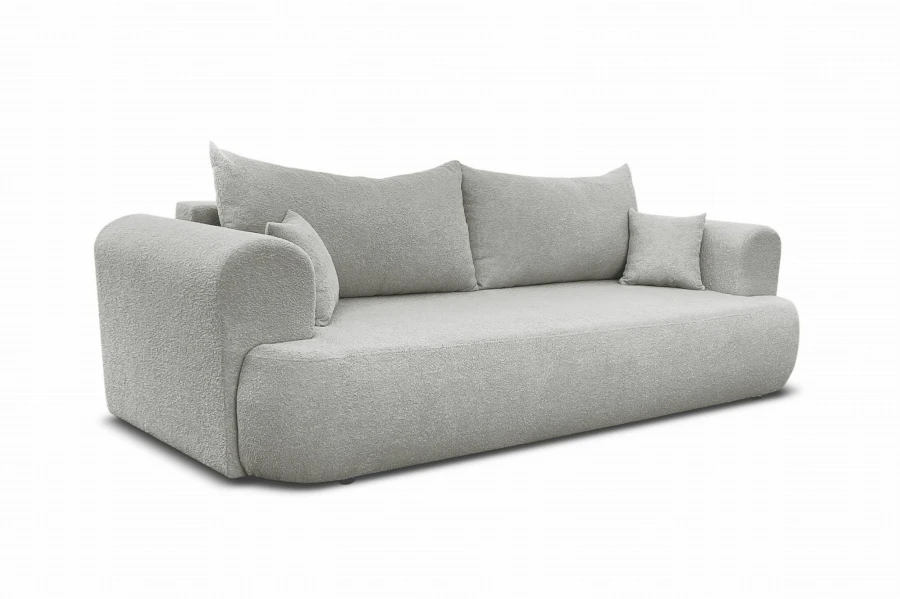 Modernes hellgraues Sofa aus weichem Teddy-Stoff mit gemütlichen Kissen.