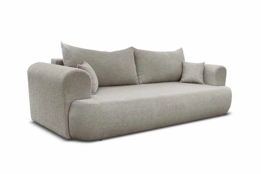 Hellbeiges Bouclé-Sofa in minimalistischem Design auf weißem Hintergrund.