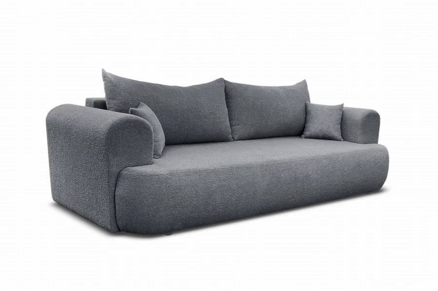 Dunkelgraues Polstersofa aus flauschigem Bouclé-Stoff für das Wohnzimmer.