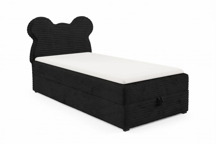 Zwart kinder-boxspringbed Teddy met schattig beren-hoofdbord en onderhoudsvriendelijke cord-bekleding.