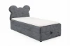 Grey children's boxspring bed with bear-shaped headboard made of soft corduroy fabric.