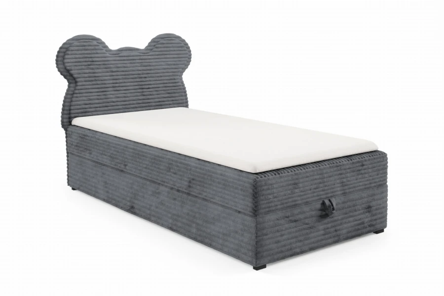 Grey children's boxspring bed with bear-shaped headboard made of soft corduroy fabric.