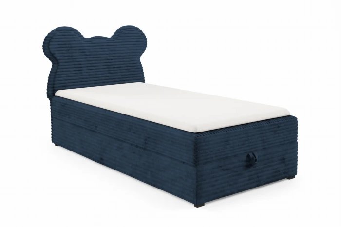 Dark blue box spring bed Teddy with striking bear-shaped headboard for the children's room.