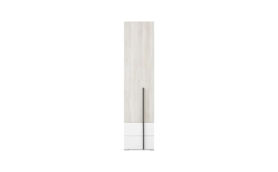 Schmaler Kleiderschrank in heller Holzoptik mit modernem Griff.