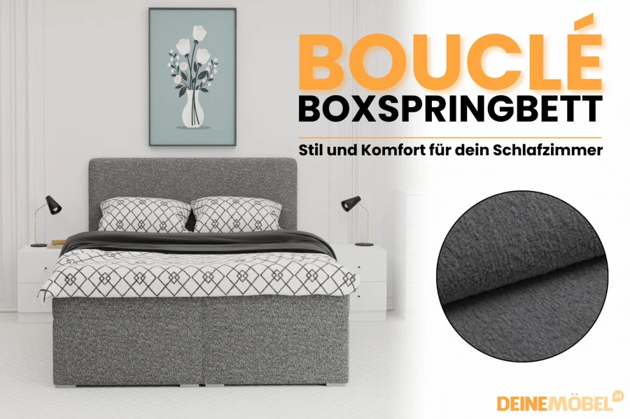Graues Bouclé Boxspringbett im Schlafzimmer mit Detailansicht der weichen Textur.