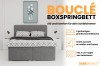 Bouclé Boxspringbett mit Highlights wie Bettkästen und inklusivem Topper erklärt.