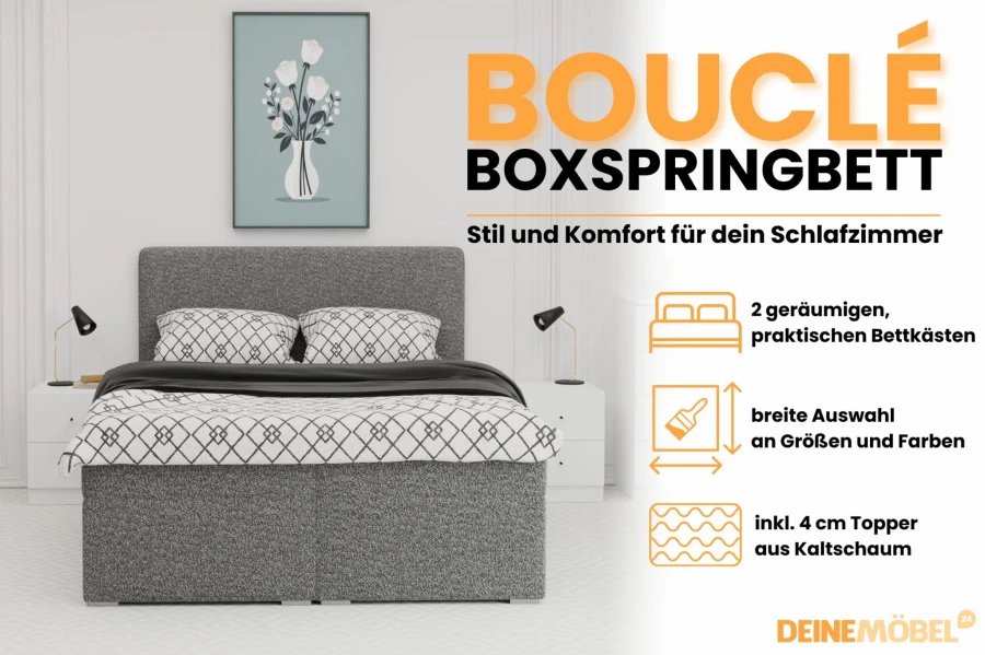 Bouclé Boxspringbett mit Highlights wie Bettkästen und inklusivem Topper erklärt.