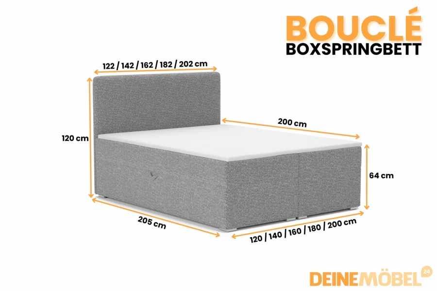 Bouclé Boxspringbett grau mit detaillierten Maßangaben und Abmessungen