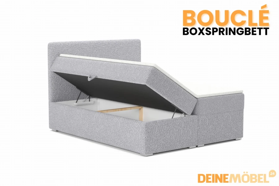 Graues Bouclé Boxspringbett mit praktischem, offenem Bettkasten