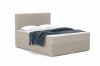 Modernes Bouclé Boxspringbett in Grau mit Kissen und blauer Decke