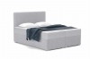 Hellgraues Boxspringbett mit Bouclé-Struktur und blauer Wohndecke.
