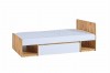 Modernes Einzelbett in Holzoptik und Weiß mit praktischem Stauraum und Schubladen.