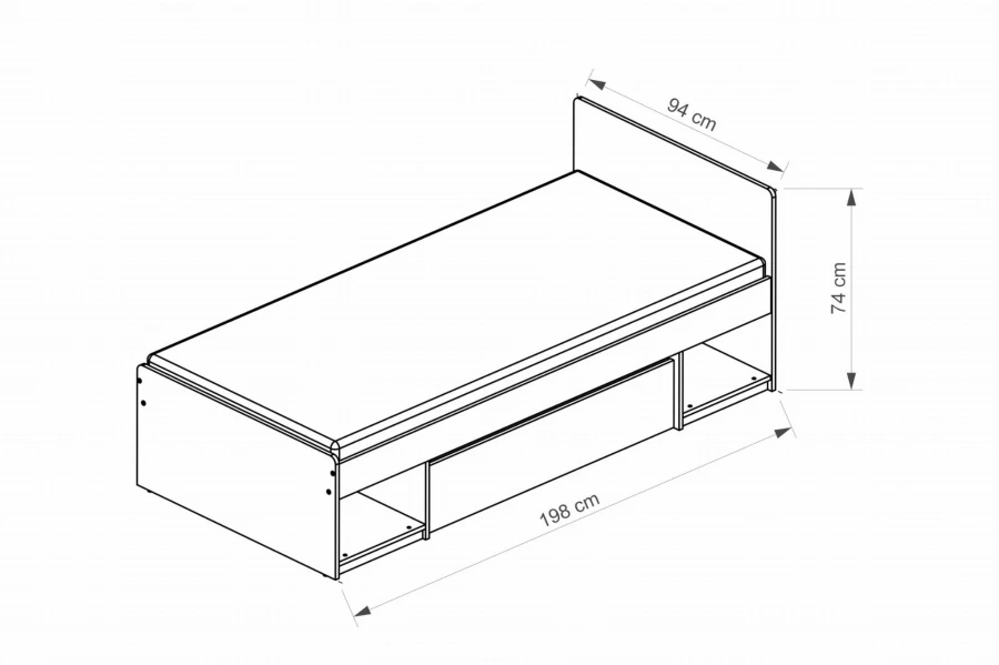 Maßzeichnung eines Einzelbetts mit Abmessungen: 198 cm Länge, 94 cm Breite und 74 cm Höhe.