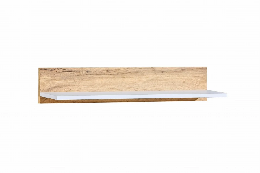 Modernes Wandregal mit Rückwand in Holzoptik und weißer Ablage.