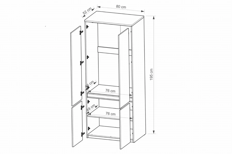Maßzeichnung für einen 195 cm hohen Schrank mit detaillierten Abmessungen