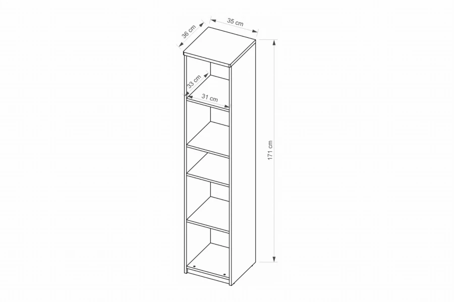 Technische Skizze mit Abmessungen für das 171 cm hohe weiße Standregal.
