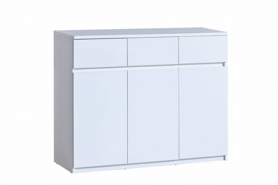 Moderne weiße Kommode mit 3 Schubladen und 3 Türen für Wohnzimmer oder Flur.