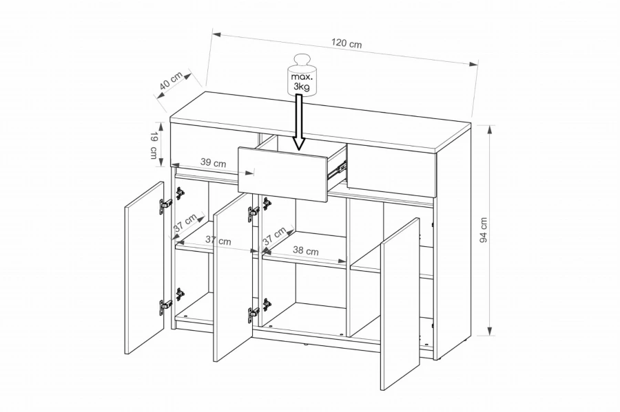 Maßskizze Kommode weiß: 120 cm Breite, 94 cm Höhe, 40 cm Tiefe mit Innenmaßen.