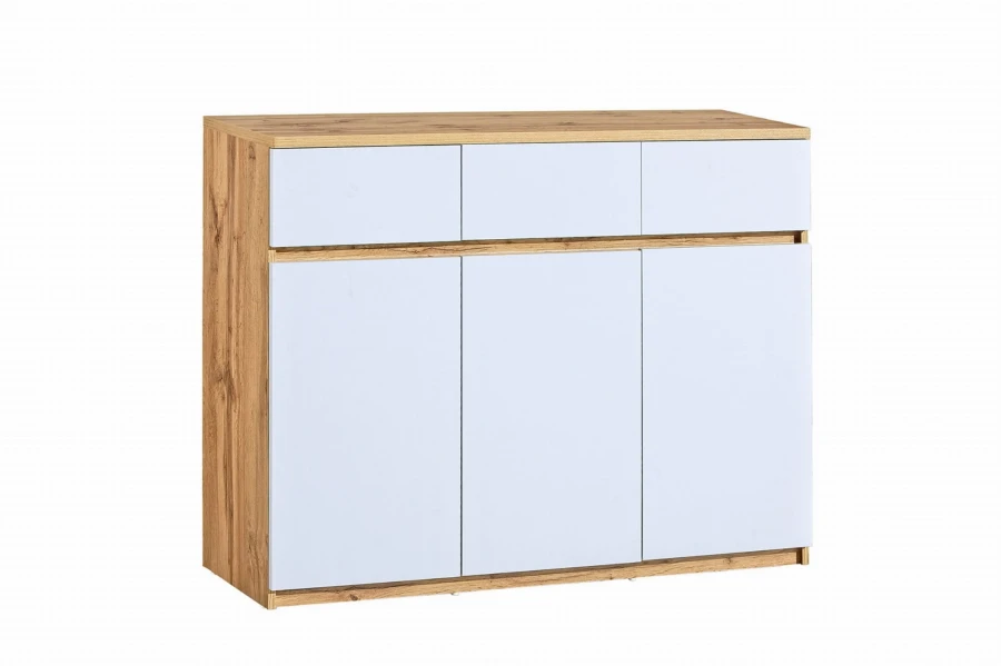 Sideboard in Eiche-Optik mit weißen Fronten, 3 Schubladen und 3 Türen im Scandic-Stil.