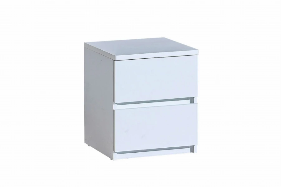Moderner weißer Nachtschrank mit zwei Schubladen.