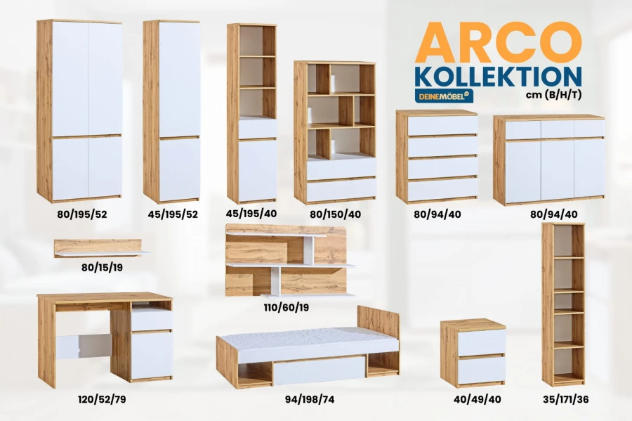 Übersicht der Arco Möbelkollektion in Eiche und Weiß mit Maßen für verschiedene Zimmermöbel.