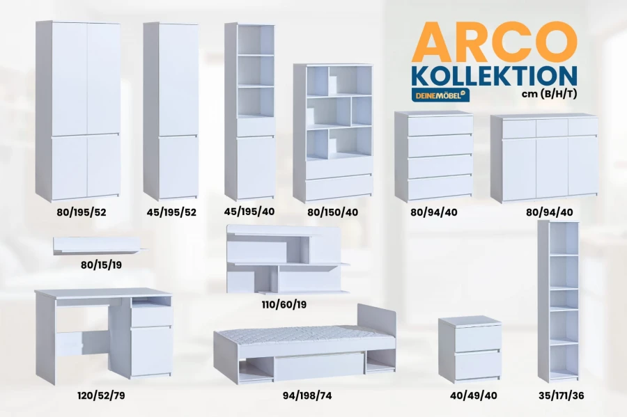 Weiße Arco Möbelserie mit Kleiderschränken, Regalen und Bett für ein modernes Kinderzimmer.