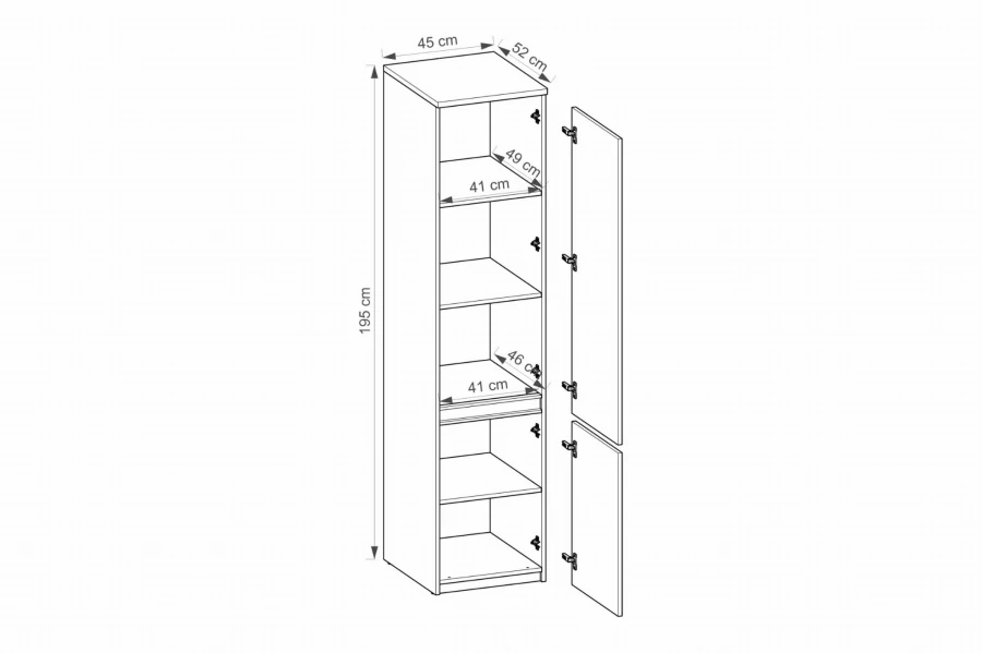 Technische Skizze mit Maßangaben für einen 195 cm hohen schmalen Mehrzweckschrank.