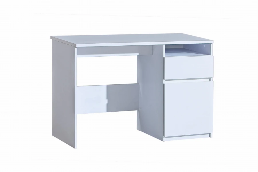 Moderner weißer Schreibtisch mit Schublade und Fach für Home Office oder Jugendzimmer.