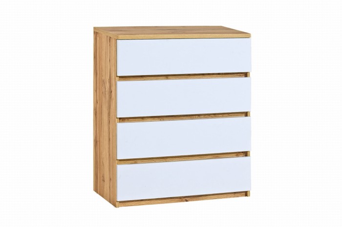 Moderne Kommode in Eiche-Optik mit vier weißen Schubladen für das Schlafzimmer.