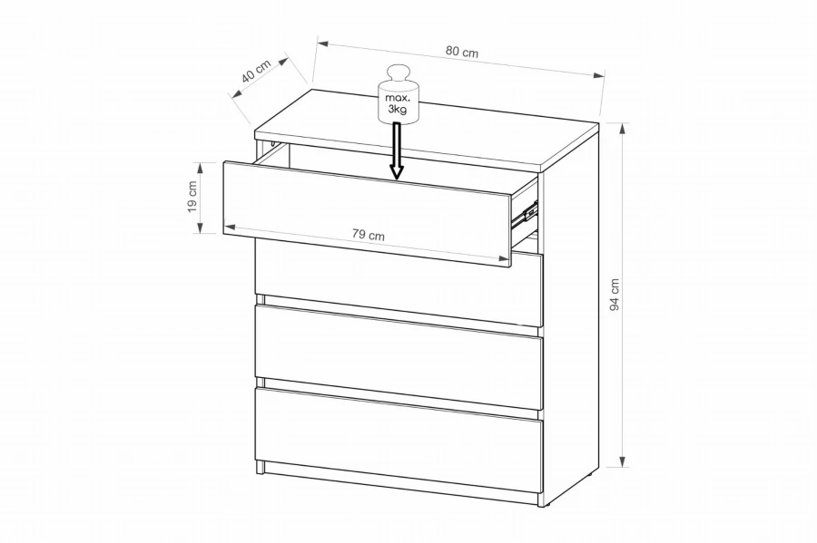 Maßskizze der Kommode mit Abmessungen: 80 cm Breite, 94 cm Höhe und 40 cm Tiefe.
