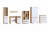 Jugendzimmer-Möbelset in Eiche-Optik und Weiß: Schreibtisch, Kleiderschrank, Regale und Kommode.