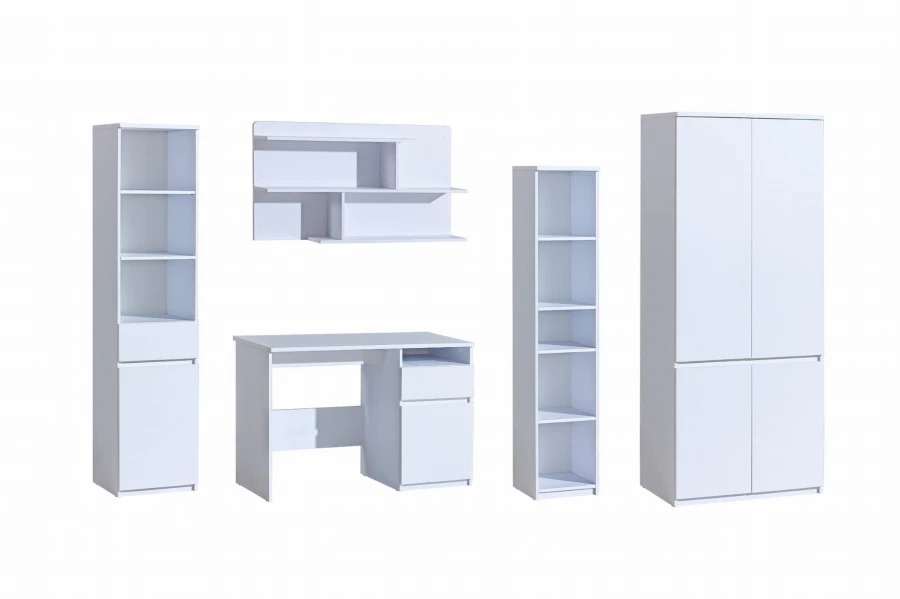Komplettes Möbel-Set in Weiß mit Schreibtisch, Kleiderschrank und Standregalen.