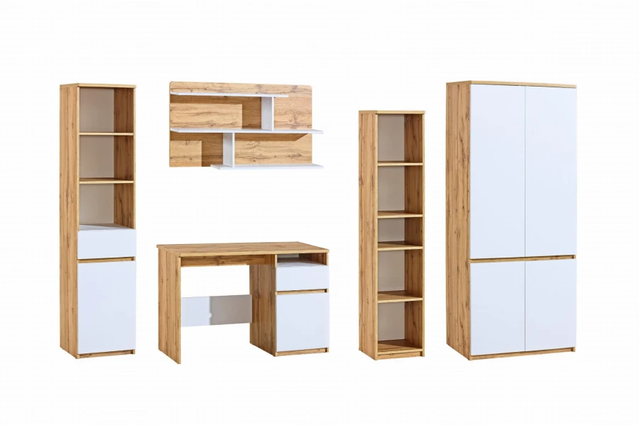 Set aus Arco Möbeln in Eiche und Weiß: Kleiderschrank, Schreibtisch und Wandregal für das Jugendzimmer.