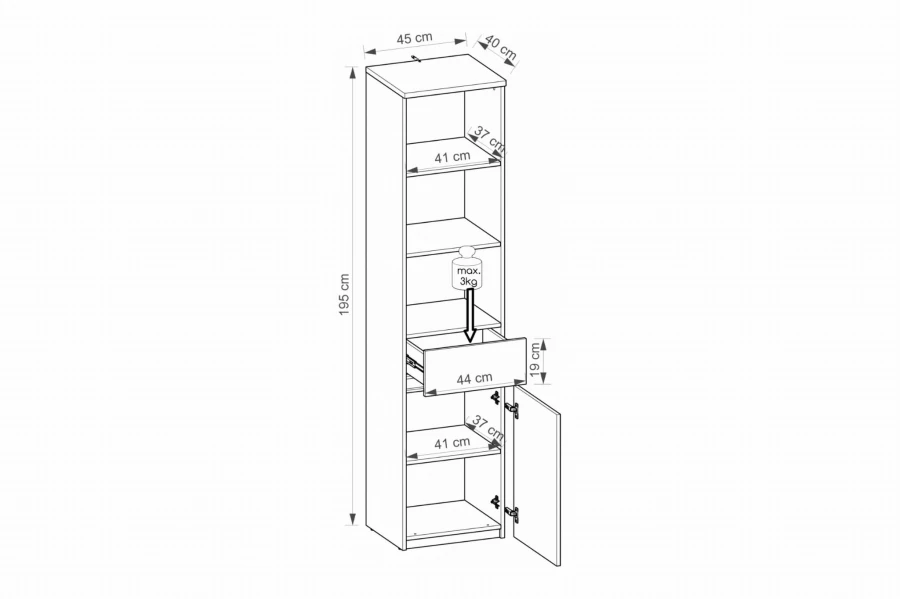 Maßskizze Hochschrank mit Maßen: 195 cm Höhe, 45 cm Breite, inkl. Schublade und Tür.