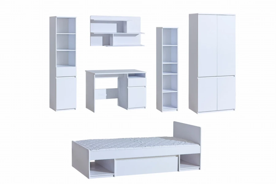 Weißes Komplett-Set für Jugendzimmer mit Bett, Schrank, Schreibtisch und Regalen