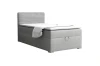 Grey boxspring bed with padded headboard and mattress on a white background.