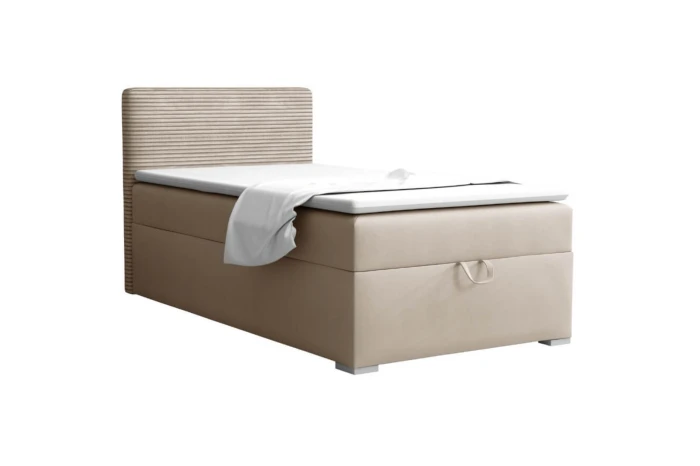 Modern beige gestoffeerd bed met geribbeld hoofdbord en opbergfunctie.