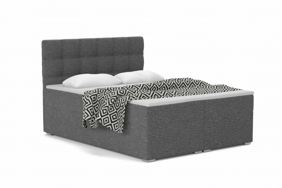 Polsterbett in Anthrazit mit modernem Design und schwarz-weißer Decke.
