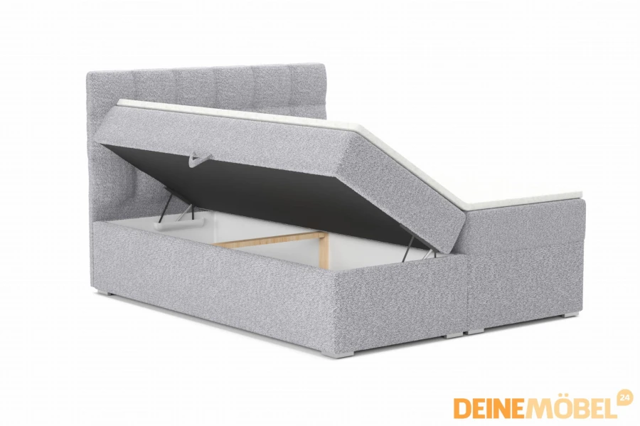 Graues Polsterbett mit integriertem Bettkasten für praktischen Stauraum im Schlafzimmer.