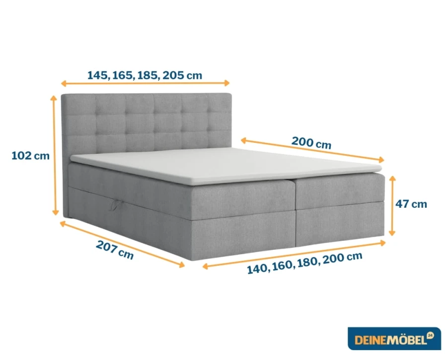 Grafik mit Maßen für graues Boxspringbett in verschiedenen Größen.