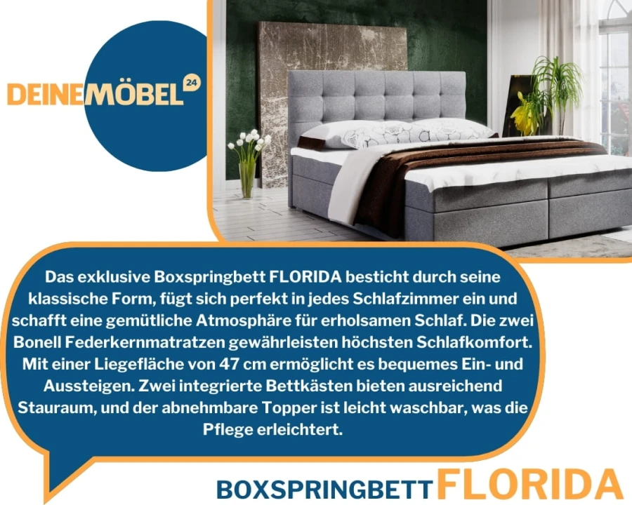 Boxspringbett Florida mit Bonell-Federkernmatratzen, integriertem Stauraum und waschbarem Topper.