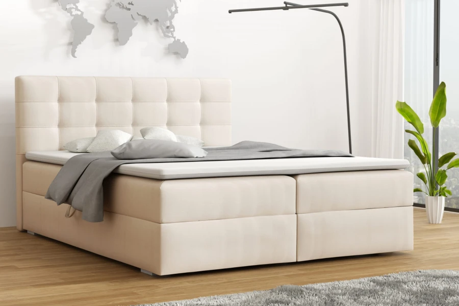 Boxspringbett Florida in Beige im stilvoll eingerichteten Schlafzimmer.
