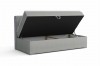 Grijs gestoffeerd bed met geïntegreerde bedbak voor veel opbergruimte, opengeklapt.