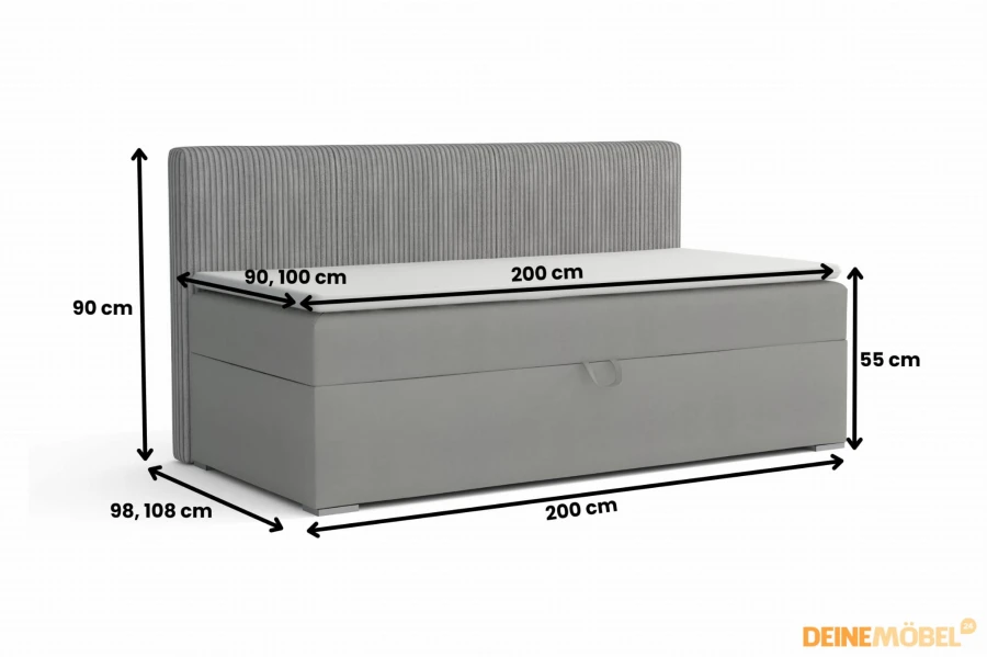 Grafik mit Abmessungen des Boxspringbettes: Breite 200cm, Höhe 90cm und Tiefe 98-108cm.