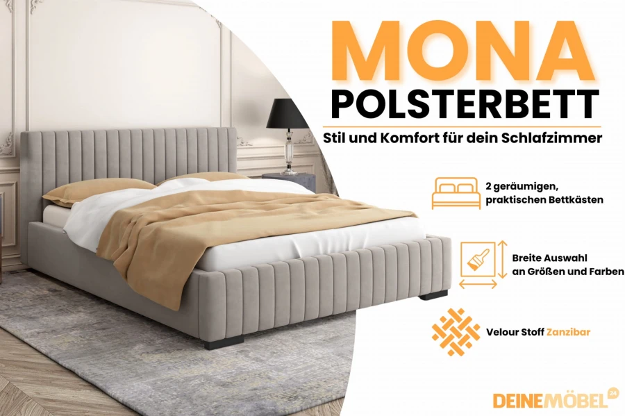 Elegantes MONA Polsterbett in Grau mit Bettkasten und Velours-Stoff für das Schlafzimmer.