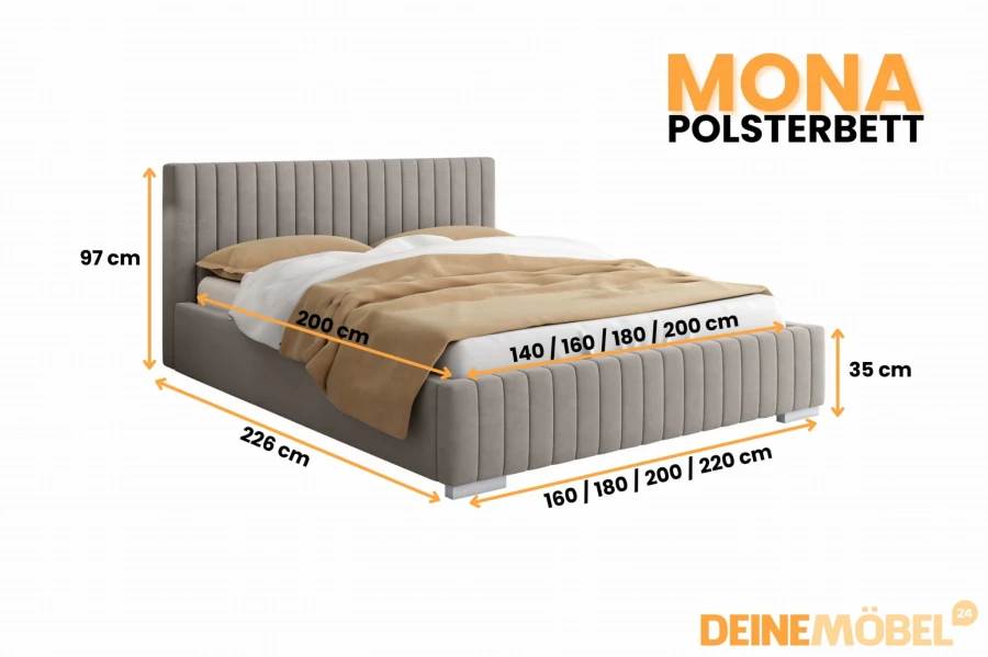 Detaillierte Maße und Abmessungen für das MONA Polsterbett von DeineMöbel 24.
