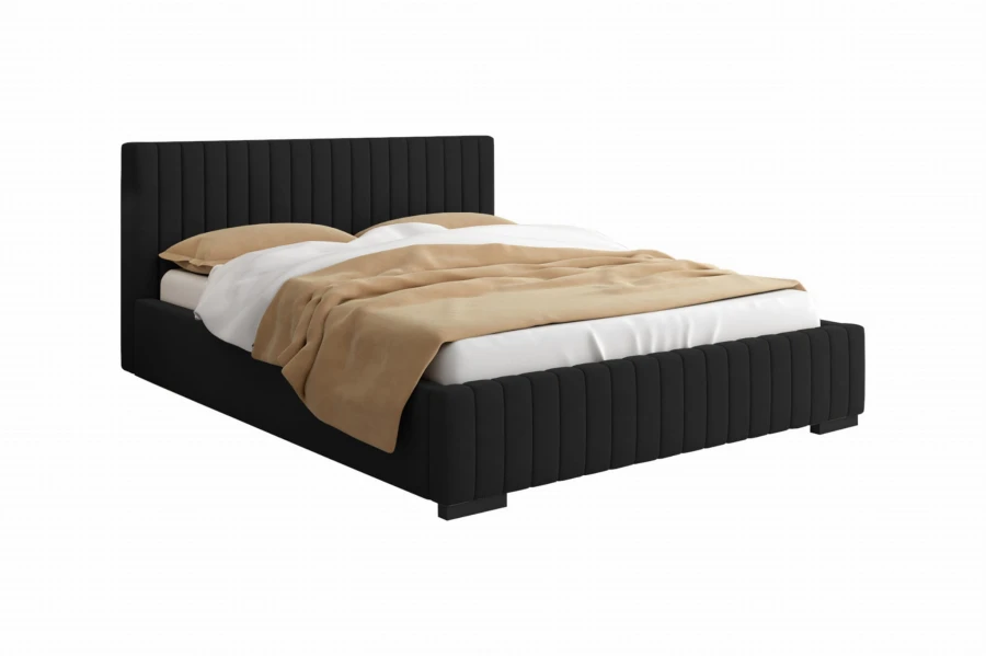 Schwarzes Polsterbett mit vertikalem Rillen-Design und beiger Decke auf weißem Hintergrund.