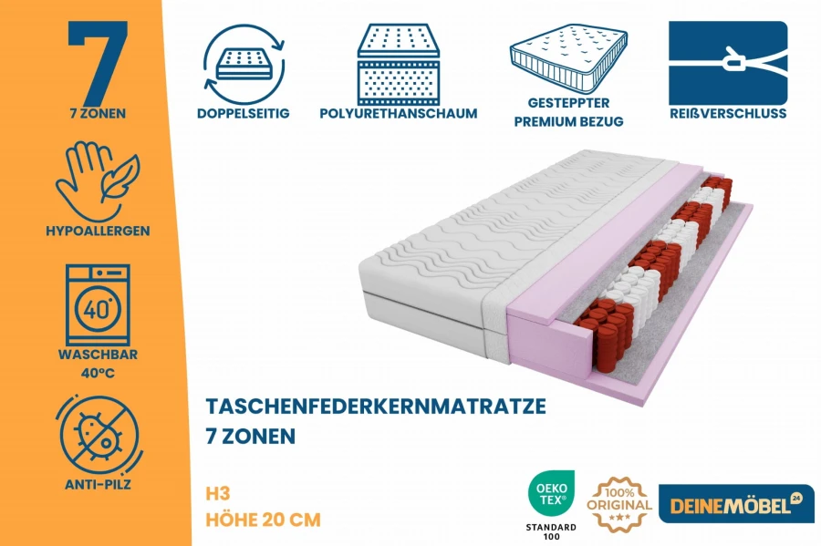 7-Zonen Taschenfederkernmatratze H3, 20 cm hoch, mit waschbarem Bezug und Oeko-Tex Zertifikat.